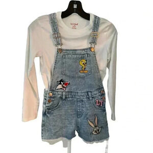 Looney Tunes girls denim overalls shorts & cat & jack long sleeve tee sz 9-10
